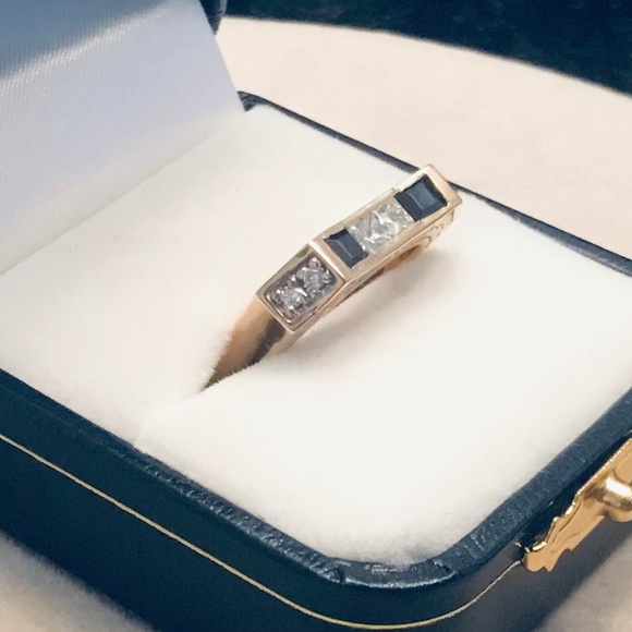 Solid 14K Yellow Gold Diamond & Sapphire Ring - Picture 2 of 16